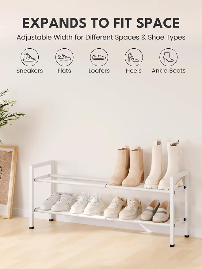 Bumusty 2 Tier Expandable Shoe Rack for Closet, White | 18"-33" Adjustable Shoe Rack for Entryway, Small Shoe Organizer for Dorm, Front Door, Sturdy Metal