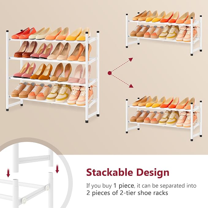 Expandable Shoe Rack for Closet 4 Tier, 29“-41“Adjustable & Stackable Shoe Shelf Storage, Metal Shoe Rack Organizer for Front Door Entrance, Closet, Garage, Entryway, White | Adjustable Shoe Organizer Closet Shoe Rack Floor, Metal Shoe Shelf Storage fo...