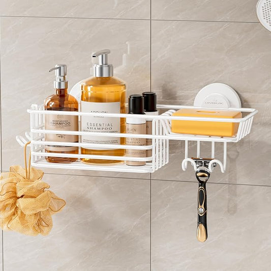LEVERLOC Shower Caddy Suction Cup, Heavy Duty Bathroom Organizer | Shower Organizer for Inside Shower with Hooks & Soap holder, NO-Drilling Bathroom shelves-White