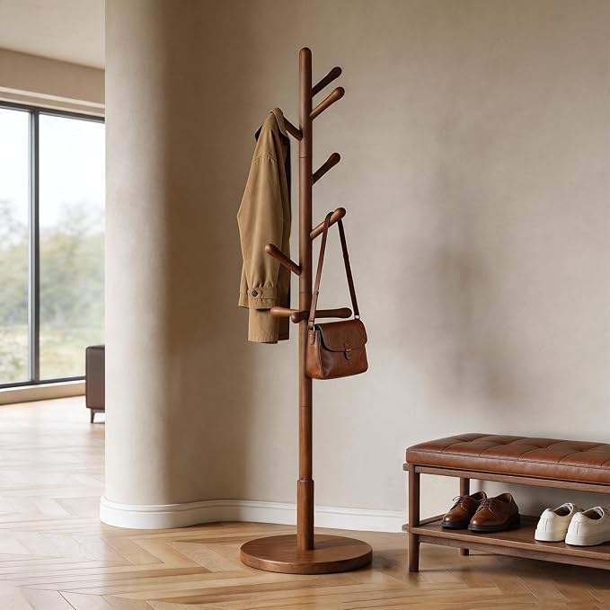 Solid Wood Coat Rack Freestanding with 9 Hooks - Wooden Coat Rack Stand for Entryway, Bedroom, Living Room, Hallway for Coats, Handbags, Hat (Walnut)