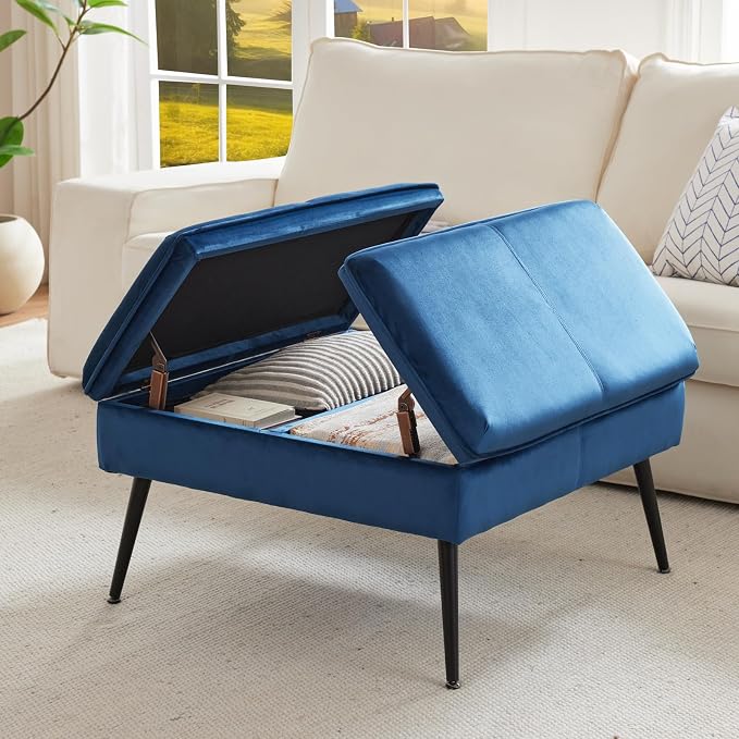 Square Ottoman with Storage Coffee Table Large Upholstered Navy | Mid-Century Modern Ottoman w/ Double Flip-Lid Metal Legs Padded Seat for Living Room Bedroom, Velvet, Loads 660 lbs