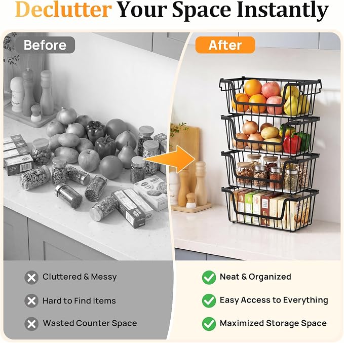 SUNALLY Stackable Storage Bins 4 Pcs Wire Baskets Freezer Organizer, Black | Pantry Organizers Storage, Vegetable Fruit Storage Basket for Countertop, Kitchen Baskets for Onion Potato Snack Cans Storage