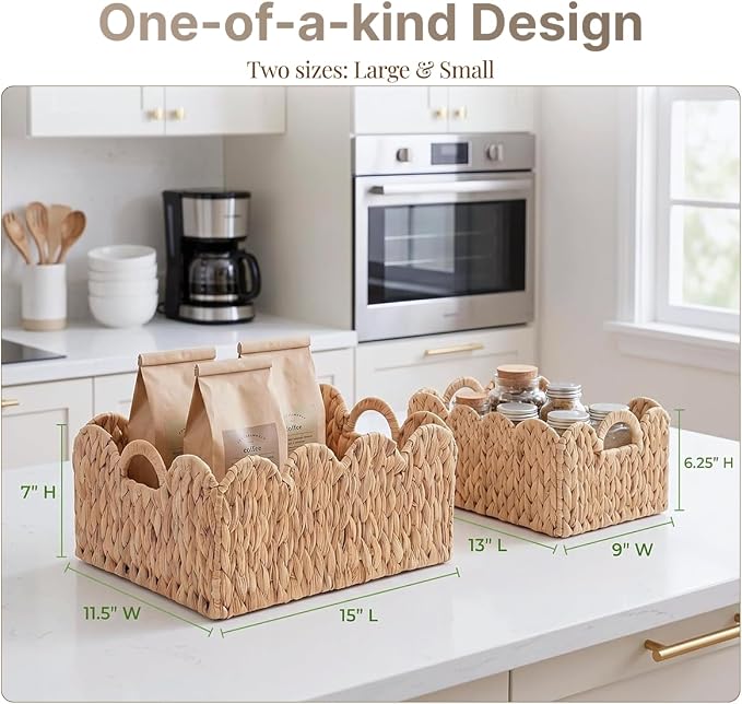 Scalloped Edge Wicker Basket, Hand-woven Rattan Storage Baskets with Built-in Handles, Water Hyacinth Basket for Organizing and Decor, 2 Pack (15" L x 11" W x 7" H)