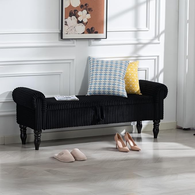 60" Corduroy Storage Bench, Queen End of Bed, Black | Corduroy Upholstered, Bedroom/Entryway/Closet, Storage Ottoman Bench, Window Seat, Lift-Top, Tufted Button, Solid Wood Legs.