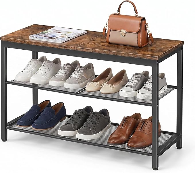 HOOBRO Shoe Bench, 3-Tier Shoe Rack, Industrial Shoe Organizer Storage Bench, 29.5 inches Entry Bench with Mesh Shelves, for Entryway, Living Room, Hallway, Easy Assembly, Rustic Brown BF75HX01
