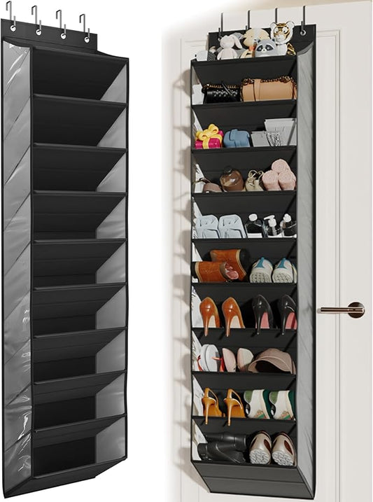 Mefirt 20-25 Pairs Over the Door Shoe Organizer, Clear Pockets Shoe Rack for Closet Door, 10-Tier Hanging Shoe Rack for Boots, Behind the Door Shoe Holder Fit All the Family's Sneakers, Heels, Black