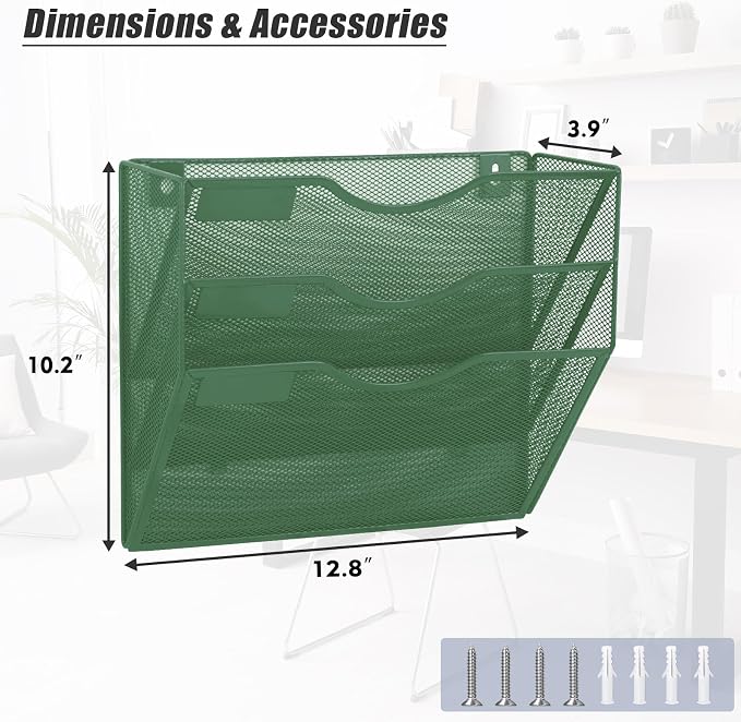 EASEPRES 3 Pocket Mesh Hanging Wall File Organizer, Wall Mounted Mail Paper Document Folder Holder, Clipboard Storage Organization Magazine Rack with Nametag Label for Office Home School, Dark Green