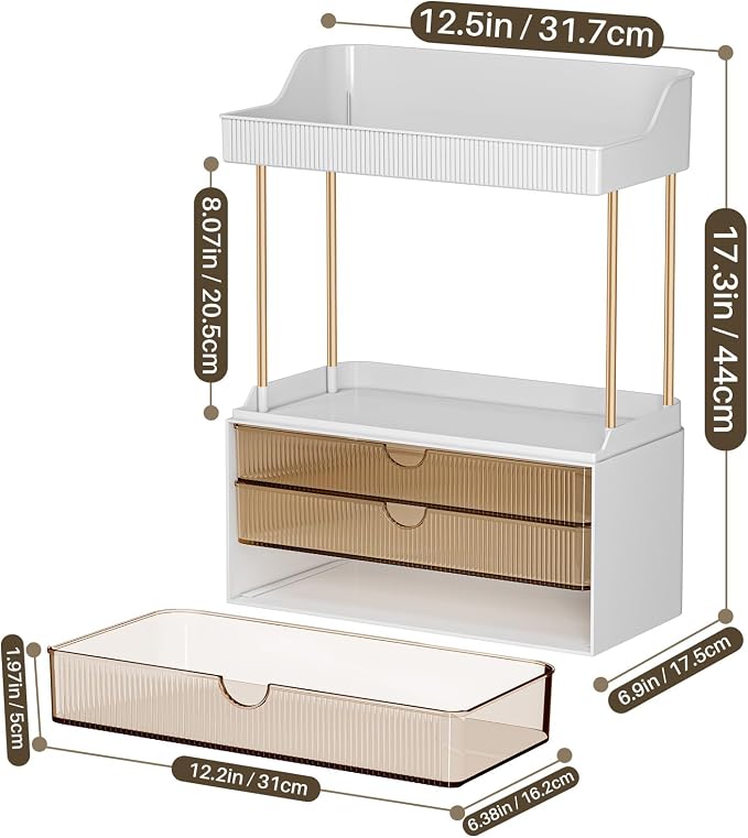 caktraie 3-Drawer 2-Tier Acrylic Makeup & Bathroom Vanity Organizer | Amber,3 smooth drawers, 2 open shelves, dustproof, wipe clean, for large skincare, perfumes, lipsticks, dresser, counter