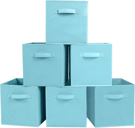 PowerKing Collapsible Storage Cubes, Farbic Storage Bins, Blue, 6 Pack | Sturdy, Lightweight, Easy Pull Handle, Closet & Shelf Organizer, Clothes and Toys Storage, 10.5'' x 11'' x 10.5''