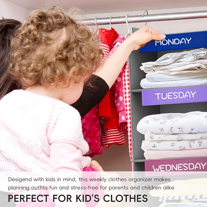 Weekly Hanging Closet Organizer for Kids, 6-Shelf Clothes Storage with Labeled Days of The Week Monday Through Friday, Weekday and Weekend, Days of The Week Clothes Organizer