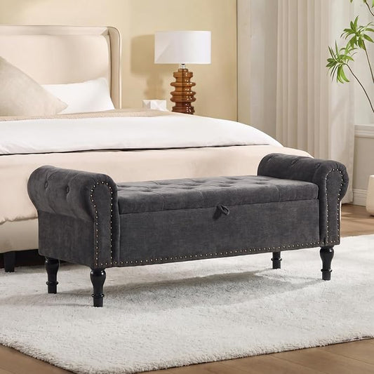 51" Storage Bench for Bedroom, Chenille End of Bed Bench, Queen Size Bench with Rolled Arms, Tufted Storage Ottoman Benches, Upholstered Bench for Bedroom, Living Room, Entryway, Dark Grey