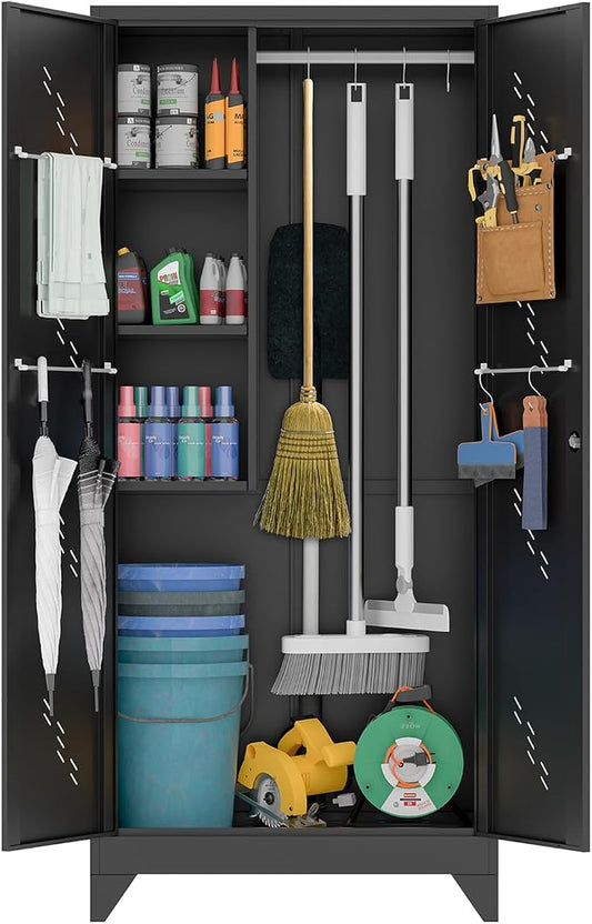 75" Metal Storage Cabinet with Lockable Doors, Functional Garage Storage Cabinets, Heavy-Duty Tool Organization Cabinet with Hanging Rod & S-Hooks (75" Utility Closet)