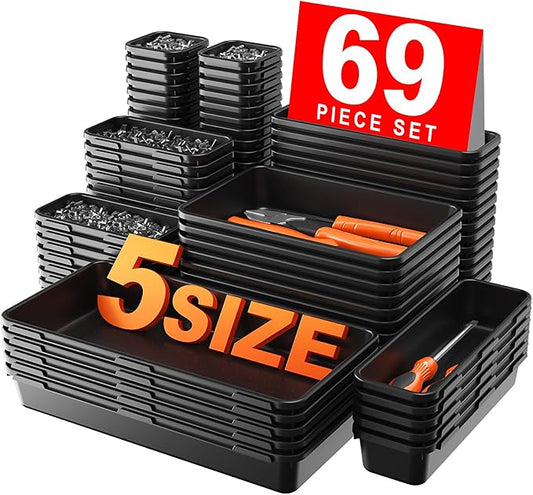 A-LuGei 【More Larger Size】 【69 PCS-5 Size】 Tool Box Organizer Tray Divider Set【Black】 Desk Drawer Organizer Bin, Garage Organization and Storage Toolbox for Rolling Tool Chest Cart Cabinet WorkBench