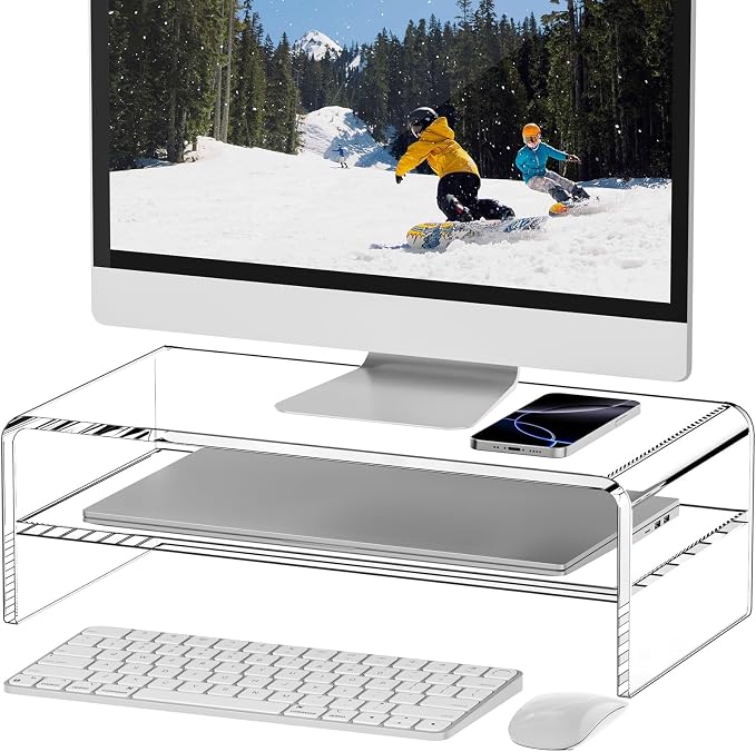 Egchi Clear Acrylic Monitor Stand Riser 2 Tier, 5.12 Inches High Clear Computer Desk Organizer Shelf for Multi Media PC Storage Laptop | Clear, Desk Shelf, for Multi Media PC Storage, Laptop Stand