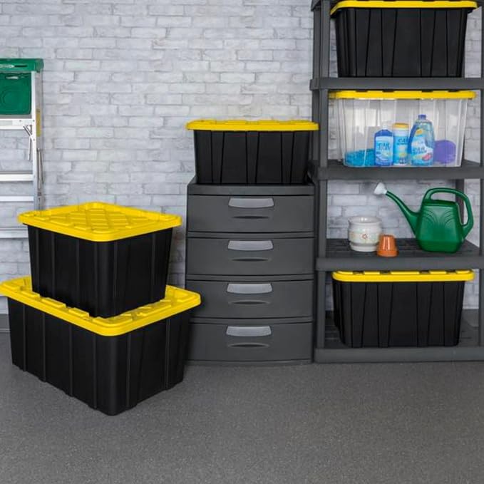 Sterilite Industrial Storage Tote with Lids for Garage, 27 Gallon, 8-Pack | Heavy-Duty and Stackable Utility Box Containers for Home, Office, and Basement Organization, Black/Yellow
