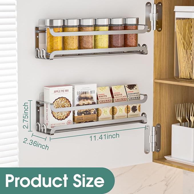 LUCYCAZ 4 Pack Wall Mounted Spice Rack for Kitchen Cabinet,RV,Camper,Sliver | 16 Metal Hooks, Space-Saving,Screw or Adhesive Spice Shelf Hanging,for Pantry Door Spice Jars & Seasonings,11.41×2.75×2.36in