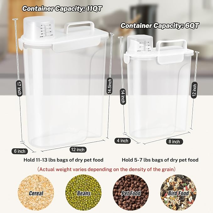 Dog Cat Food Storage Container with Cup (White, 5+10L) | Pet Food Pourable Container Airtight with Large Spout, BPA-Free Plastic Food Dispenser for Pet Food, Bird Seed, Rice, Flour