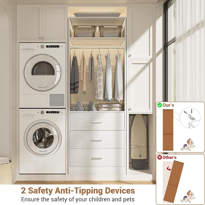 Besiost Closet System Set of 2, 4FT Closet Systems with 6 Wood Drawers, 48" Closet Organizer System with 2 Hanging Rods & 2 Shelves, Heavy Duty 48 Inch Walk-in Closet , White (48"L x 15" W x 80" H)