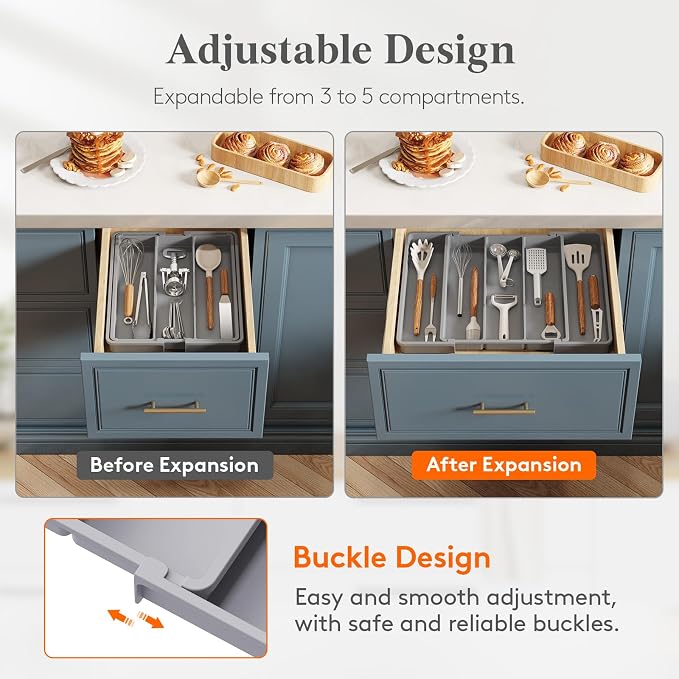 Lifewit Utensil Organizer for Kitchen Drawers, Expandable Cooking Utensil Tray, Adjustable Cutlery Silverware Flatware Holder, Plastic Spatula Tools Storage Divider, 11-18 x 14", Gray
