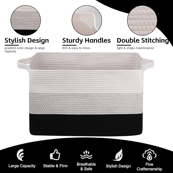 OIAHOMY Large Blanket Basket, 65L Cotton Rope Woven Laundry Basket, Toy Bin for Baby Room, Container for Blanket Storage in Living Room, 20''×16''×12'', Gradient Black