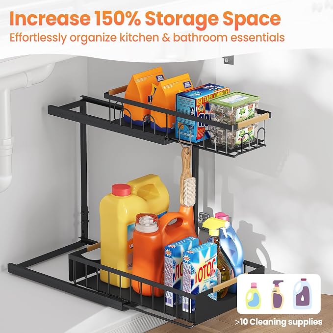 Under Sink Organizer and Storage 2 Tier Cabinet Pull Out Shelf Organizers | 2 Pack 2 Tier under sink storage for Bathroom and Kitchen Slide Out Drawer Organization for Home Cabinets Shelves and Drawers