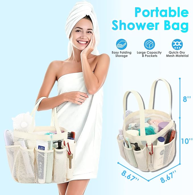 Fammart Mesh Shower Caddy Portable for College Dorm Room Essentials, Odorless Polyester Large Shower Tote Bag with Dual Handles, 8-Pocket Quick-Dry Toiletry Organizer for Travel, Beach, Camping, Gym