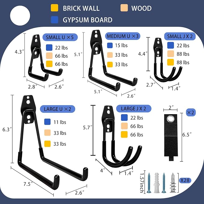 KOFANI Steel Garage Storage Hooks - 16 Pack Anti-Slip Coating, Heavy Duty Wall Mount Hooks for Hanging Bike, Ladder, Garden Tools