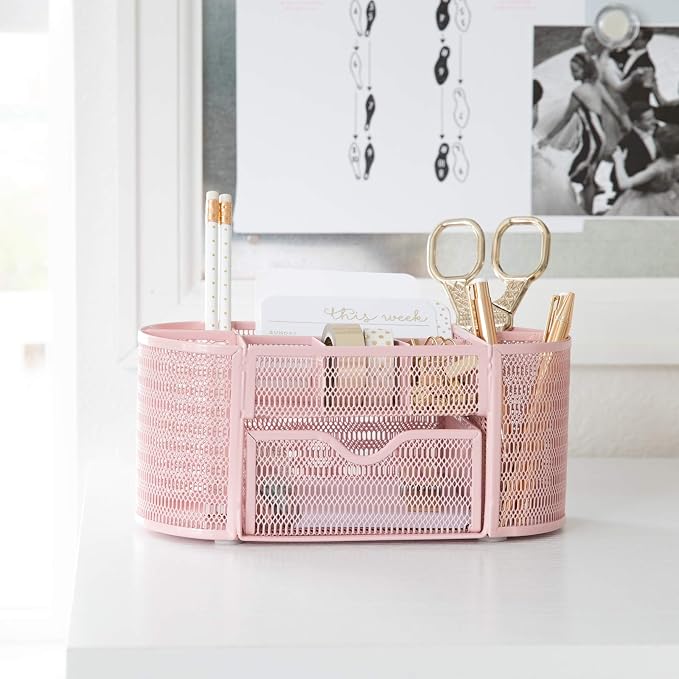 BLU MONACO | Pink Desk Organizers Metal Mesh Stationery Holder | Wire Mesh Desk Organizer with Compartments | Desk File Folder Organizer for Office Accessories