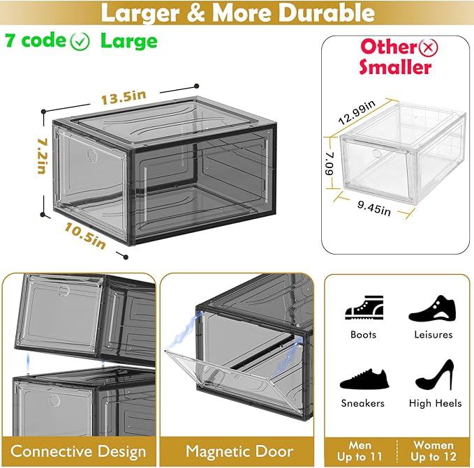 12 Pack Shoe Organizer, Stackable Shoe Storage Boxes with Magnetic Door | Clear Plastic Shoe Boxes for Sneakers, Boots & Heels, Foldable Space-Saving Shoe Rack for Closet, Durable Shoe Cabinet, Black