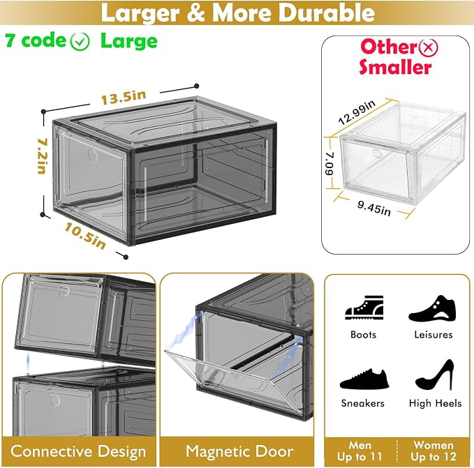 Sturdy Clear Shoe Organizer with Magnetic Door, Stackable Shoe Storage Box | Thick Plastic Shoe Storage for Sneakers & Boots, Collapsible Closet Shoe Rack and Clear Shoe Box, 6 Pack Black
