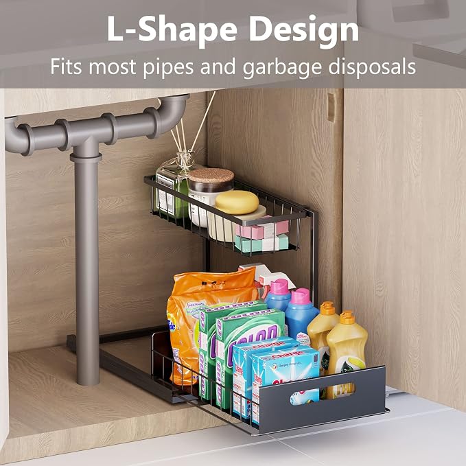 Ceetug Slide Out Under Sink Organizers and Storage, Black, 1 Pack | 2 Tier, Sturdy Metal, Cabinet Organizer, for Kitchen Bathroom
