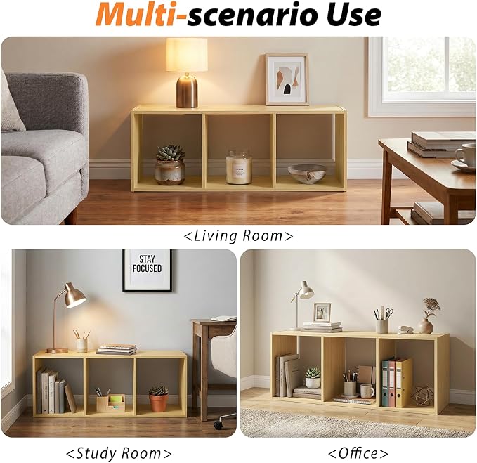 WannabeMyself【Sturdy Build&Easy Assembly】3 Cube Storage Organizer with Anti-Tipping Kits,Reversible Open Back Book Shelf, Bookcase for Living Room,Bedroom,Entrance Hall,Office,12.2×11.4×35.9,Oak Color