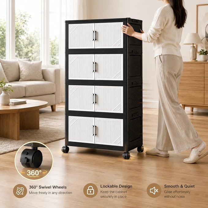 3 Tier Foldable Storage Cabinet with Wheels and Magnetic Doors | Premium PP Material Large Storage Organizer, Space-Saving Utility Storage for Home, Apartments, Dorm, Office, Rv