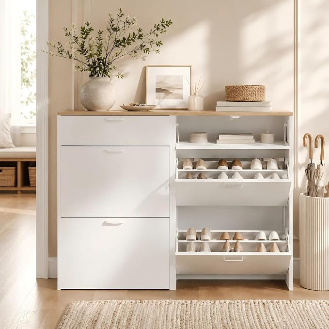 VINGLI Shoe Cabinet Storage for Entryway,White Small Narrow Shoe Rack,25" W | 8–12 Pairs,Skirting Board Cutout,Drop-Down Drawer,9.4"D Slim,Two-Tone Oak & White,2 Flip Drawers,Adjustable & Removable Shelf