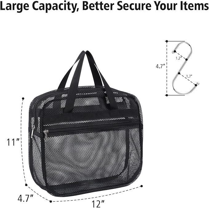 Mesh Shower Caddy Portable with Zipper - 2-Handle Shower Bag for Dorm | S-Hook, Quick-Dry Mesh, Toiletry Organizer, College Dorm Room Essentials for Girls, Camping, Gym, Travel & Bathroom, Black