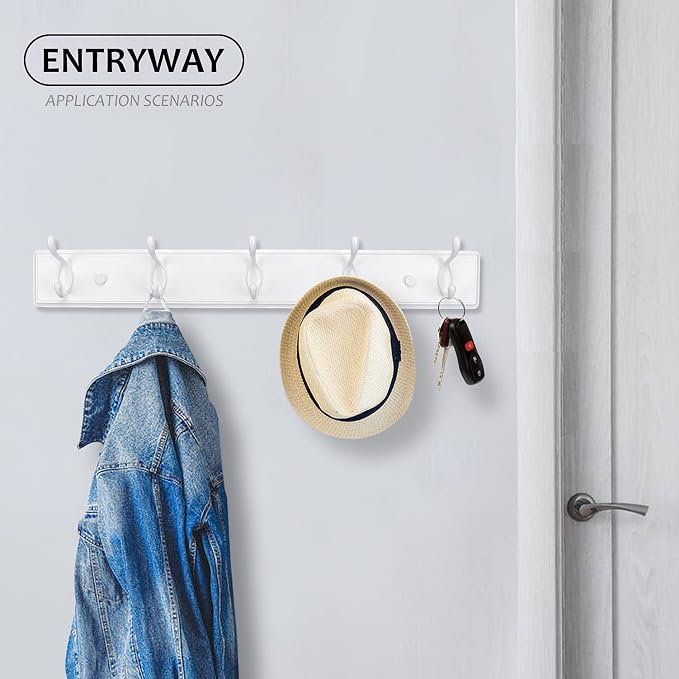 Badiano Wooden Coat Rack, Wall-Mounted Organizer for Closet, Entryway, Hallway, Foyer, Bedroom, Heavy Duty Double Hooks for Hanging Towels, Bags, Hats, Jackets, Key (White, 5 Hooks)