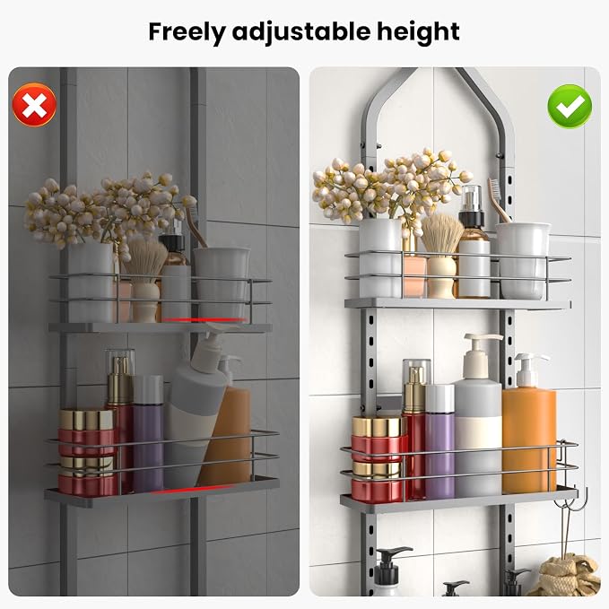 Shower Caddy Hanging (Silver), Adjustable Anti-Swing-Over The Shower Head Caddy, 4 Tier Height Bathroom Storage Organizer Bathroom Shelves Basket Rack Shower Caddies (4Tier)