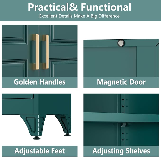 Polup 75" Pantry Cabinet, Tall Metal Storage Cabinet with Doors and Shelves | Green Kitchen Cabinet, 5 Adjustable Shelving, Heavy-Duty Steel, Gold Handles, 4 Standing Feet, for Garage Office & Laundry