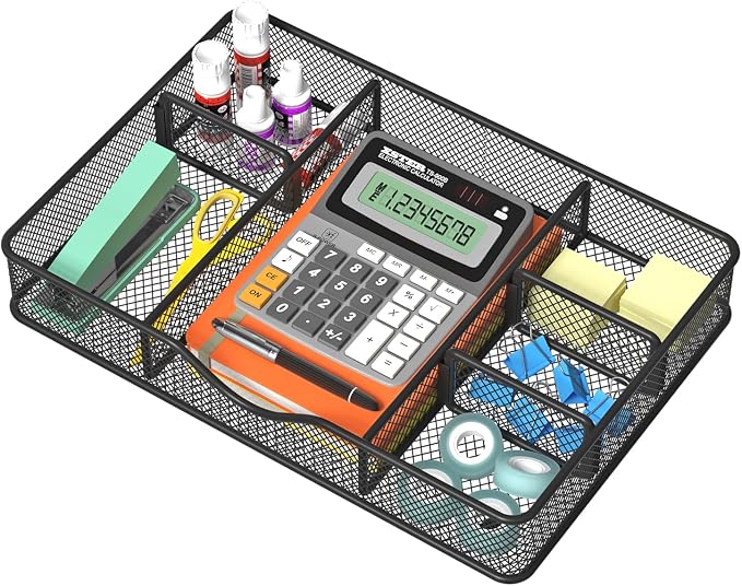 VyGrow Desk Drawer Organizer, Metal Mesh Drawer Organizer Tray with 6 Adjustable Compartment, Tray Organizer for Desktop, Kitchen, Bathroom, Makeup, Vanity - 14.5x8.8x1.96 inch, Black, 1PC Large