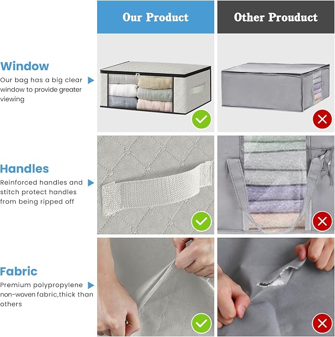 HomeHacks 8-Pack Clothes Organizer Storage Bags, 35L Storage Bins, White | Foldable Storage Box Container with Zippers, Clear Window, Reinforced Handles for Closet, Dorm, Pillows, Bedding, Sweater