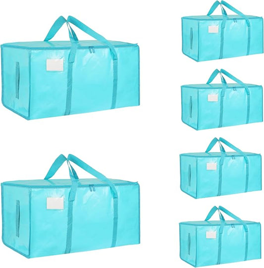 6 Pack-Extra Large Heavy Duty Moving Bags - Waterproof Storage Totes with Handles & Zippers, Foldable for College Dorm, Storage (lake blue)
