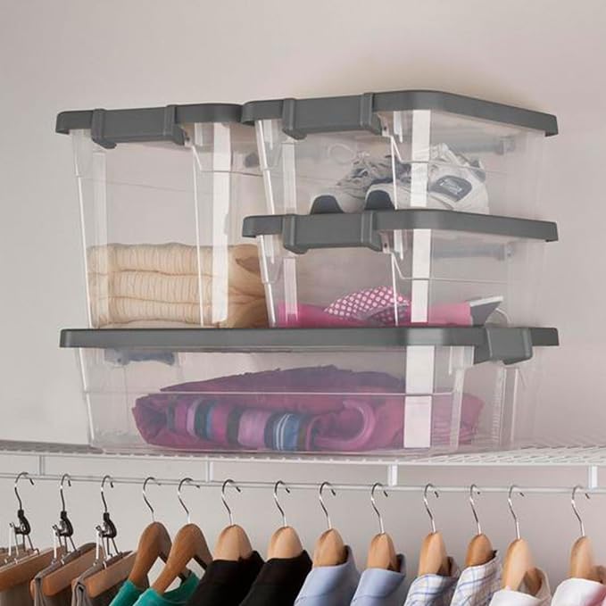Sterilite Modular Stacker Box with Latching Lid, 30 Quart, 12-Pack | Clear Plastic Storage Bins - Stackable Organizing Container Boxes for Closet, Bathroom, and Office