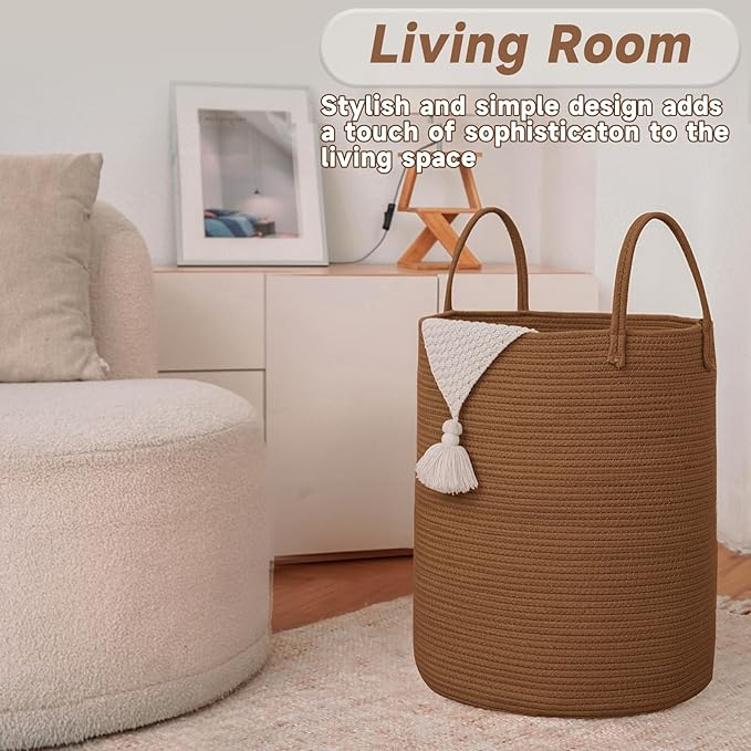 JMvicyroam 80L Cotton Rope Laundry Basket Hamper, Golden Jute | Collapsible laundry basket, reinforced handles, freestanding, machine washable, holds 3-5 thick blankets, clothes or toys