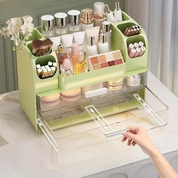 Makeup Organizer with Drawers for Vanity,Bathroom Countertop Organizer with Brushes Holder,Skincare Storage Organizer,Perfect Cosmetic Display Case for Skincare,Lipstick and Beauty Essential (Green)