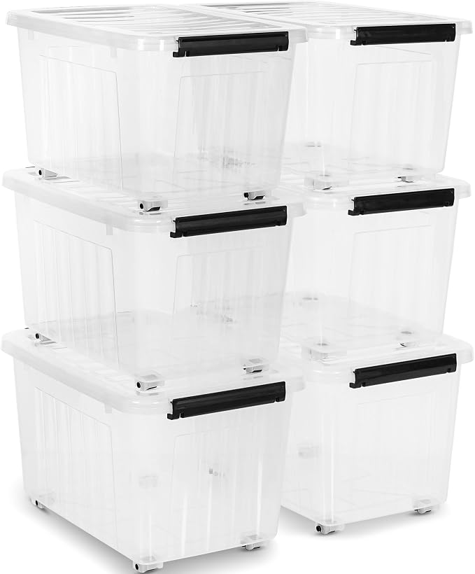 Citylife 54 Quart Large Clear Plastic Storage Bins with Lids 6-Pack | Stackable, Secure latching lids, Easy Find, Clothes Storage Bins for Closet Bedroom Garage
