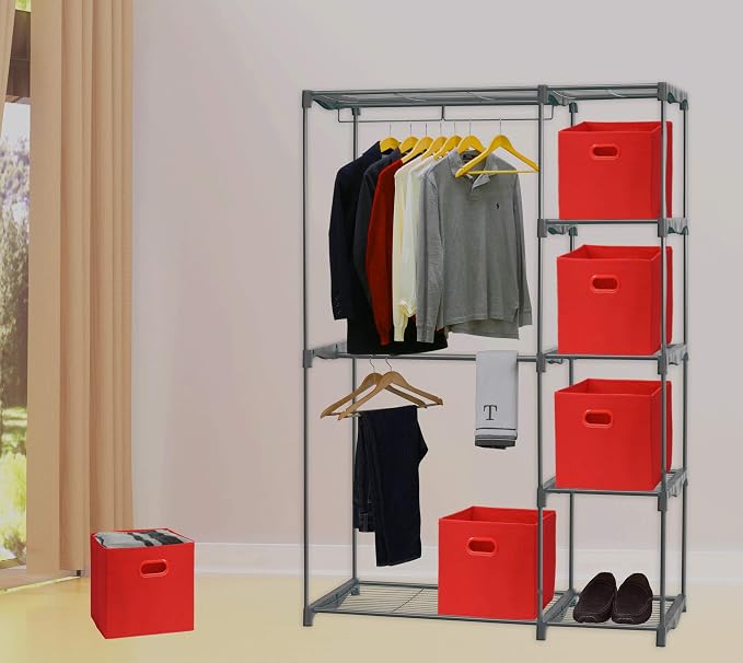 Simple Houseware 11-Inch Foldable Cube Storage Bins with Handles, Red | 6-Pack Lightweight & Durable Structure Fabric Cubes Organizer for Closet or Shelves