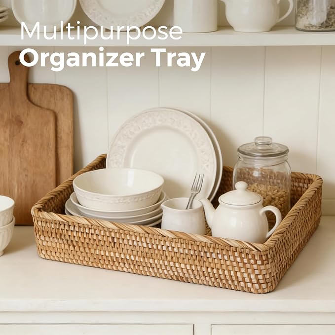 Large Rattan Serving Tray, Rectangle Wicker Storage Basket for Organizing | XL(17.7" × 13.4"), Natural Rattan, Decorative Woven Tray Wicker Basket for Storage, Home Decor, Bathroom