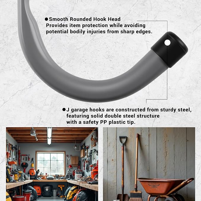 HOME MASTER HARDWARE 12 Pack 4-Inch Heavy Duty Garage Storage Wall Hooks, Steel J Utility Hooks for Hanging Ladders, Tools, Bikes, Grey