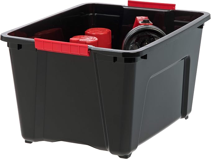 IRIS USA 6-Pack 32 Quart Storage Bins with Lids, Black | Black finish conceals stored items. Great for linens, décor, closet storage, and supplies. Nestable design saves space