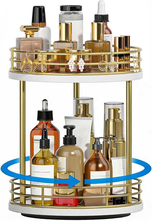 2-Tier Rotating Bathroom Countertop Organizer, Wooden Makeup Vanity Storage, Multifunctional Lazy Susan Turntable for Skincare, Perfume and Cosmetics (White-Gold)